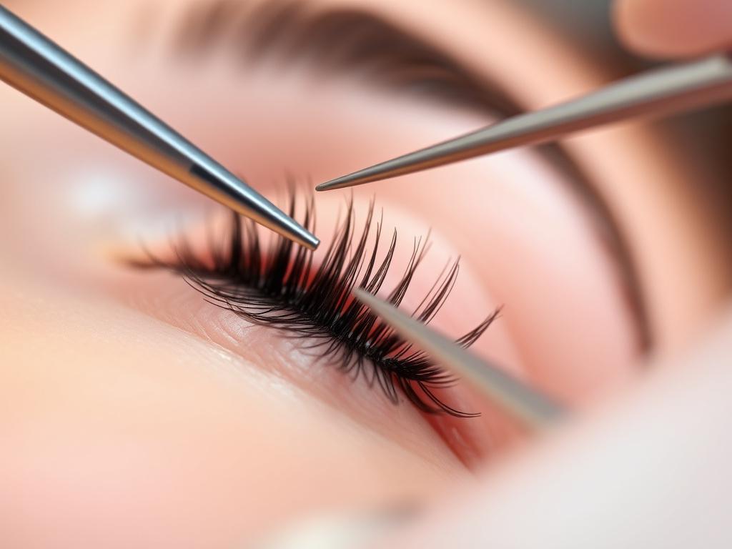 Classic lash extensions being applied with tweezers